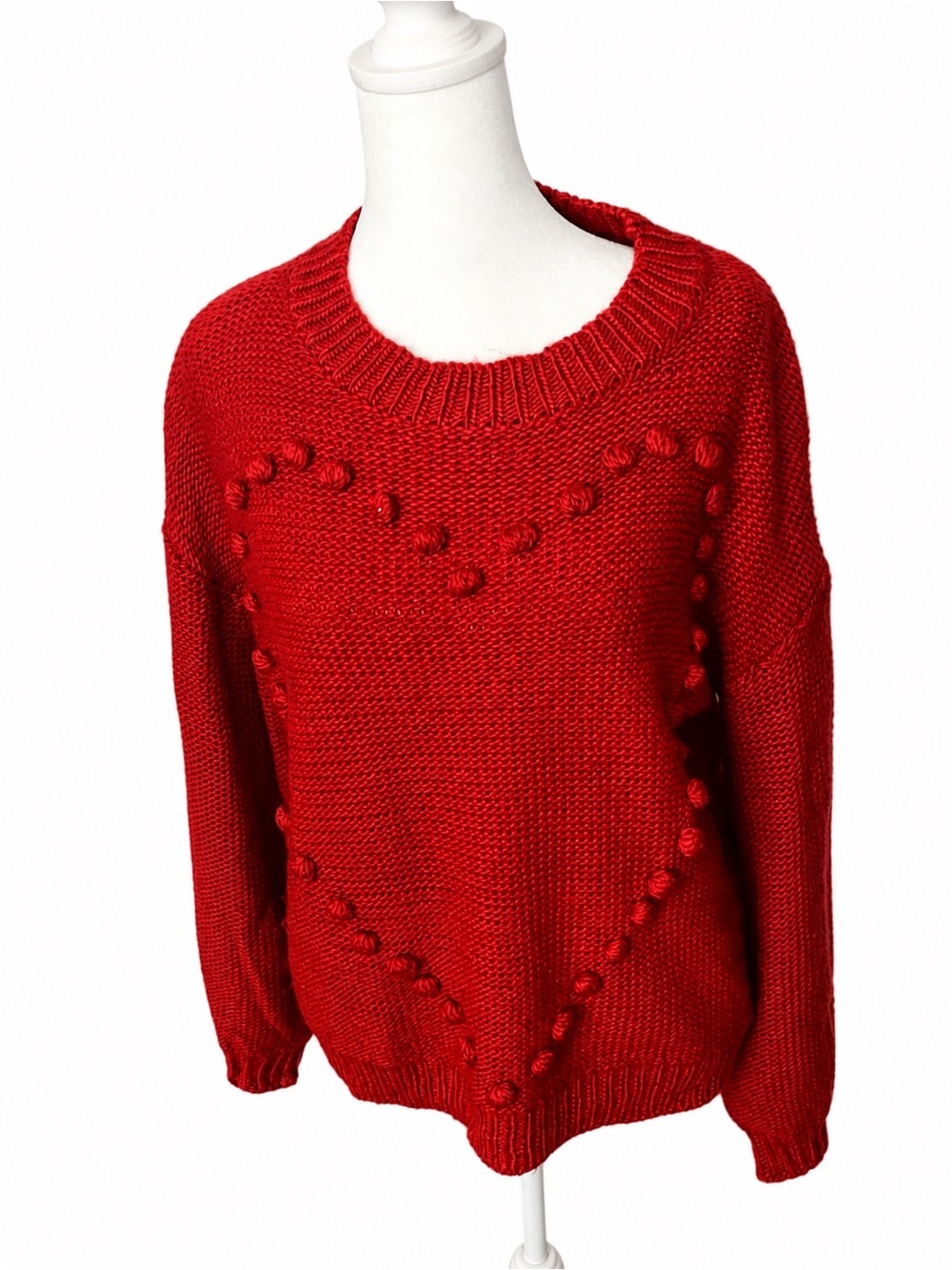 ANDREE BY UNIT Red Crewneck Heart-Bobble Knit Sweater